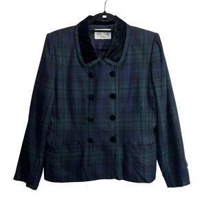 Le Suit Petite Plaid Skirt 2 piece Suit Green Blue Black Size 8P Preppy Classic